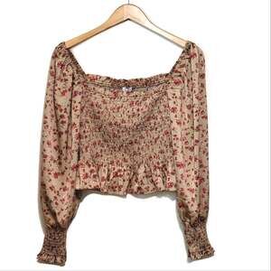 LUSH Floral Peplum Top Smocked Front Square Neckline Long Sleeve Size M